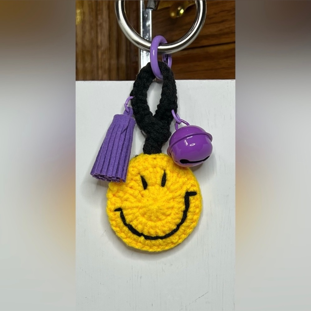Crochet Smiley Face Bag Charm/Keychain Yellow/Purple